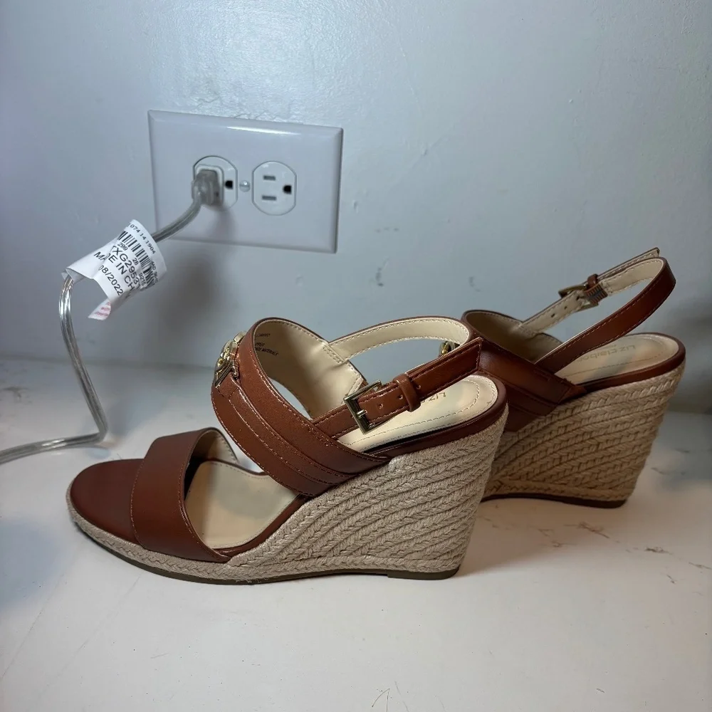LIZ CLAIBORNE WEDGE SANDALS BROWN FAUX LEATHER SLINGBACK SZ 7 - Picture 3 of 9
